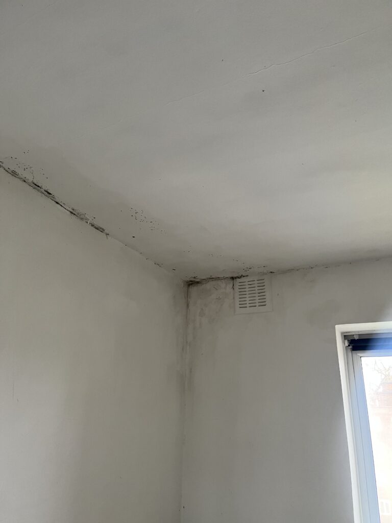 The passive air vent is drawing cold air into the room causing condensation/mould to form on the cold parts of the wall and ceiling.